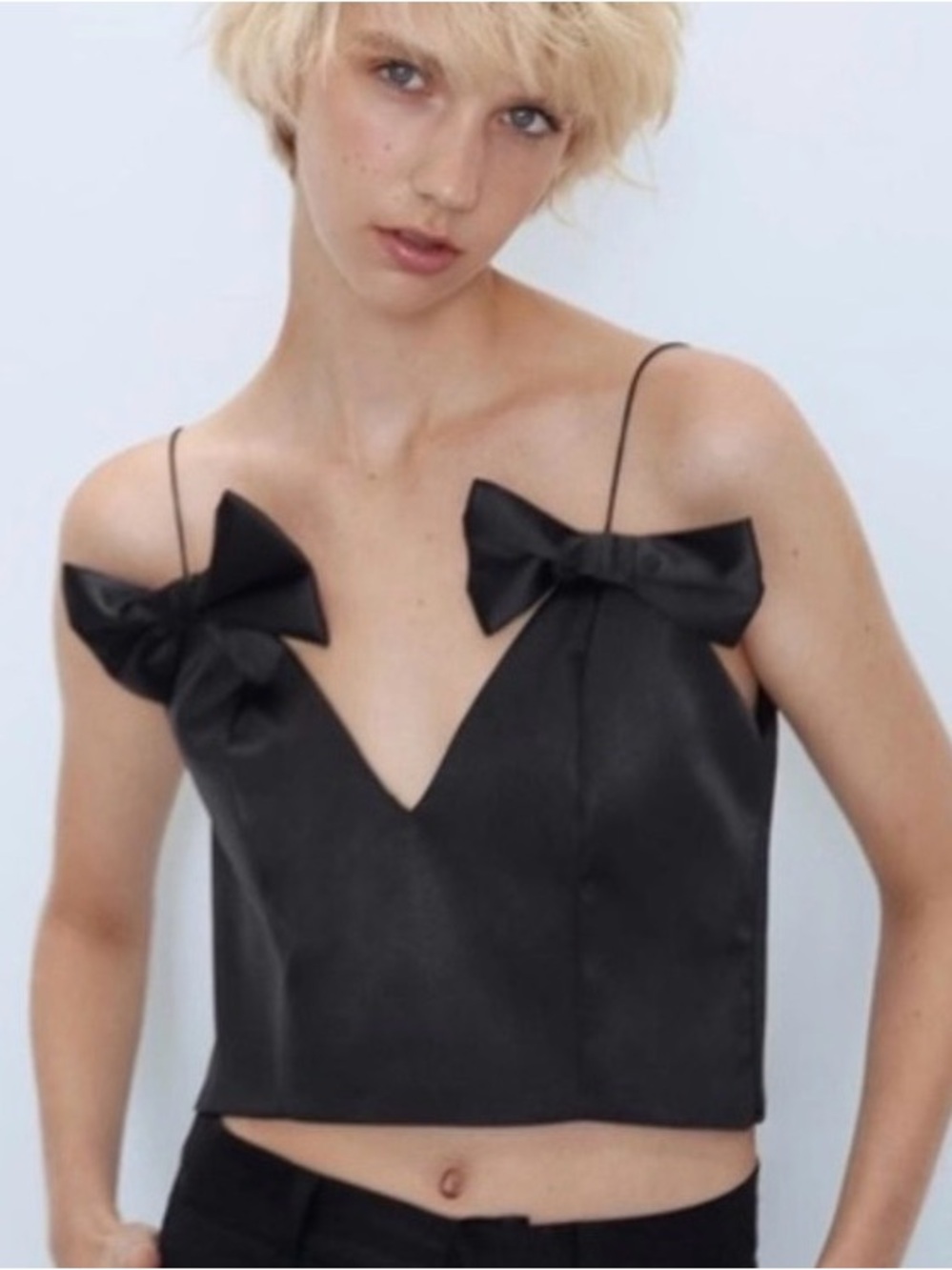 Zara Black Bow-Accent Satin Crop Top